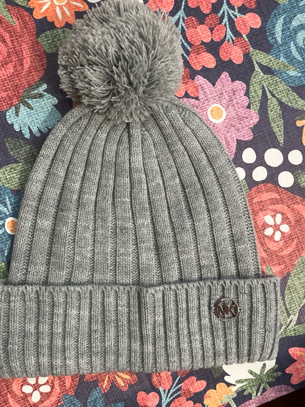 Michael Kors Grey Ribbed Knit Pom Beanie for Kids